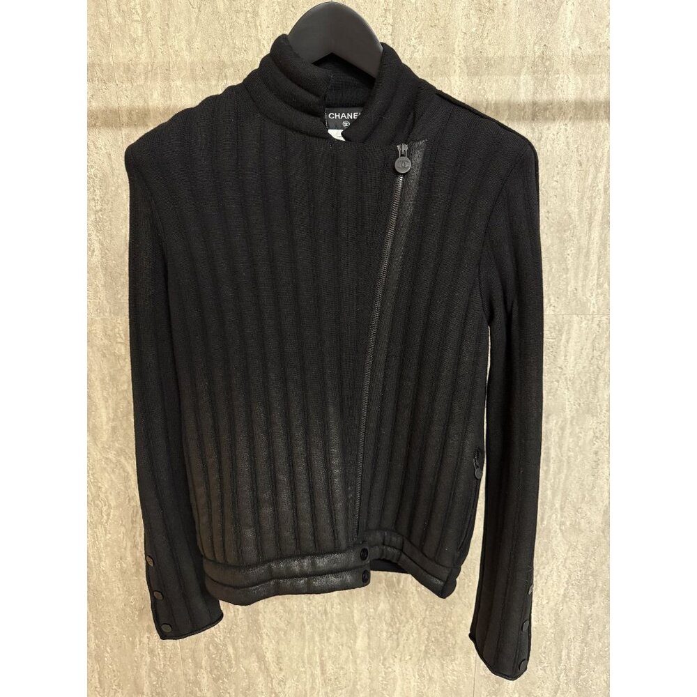 Chanel Oil Leather Black Wool Ribbed Jacket Size 38 Made In Italy